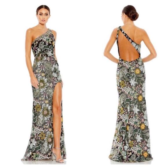 Mac Duggal Women's Embellished Floral One Shoulder Gown Black Multi Size 4 NWT - Picture 1 of 14